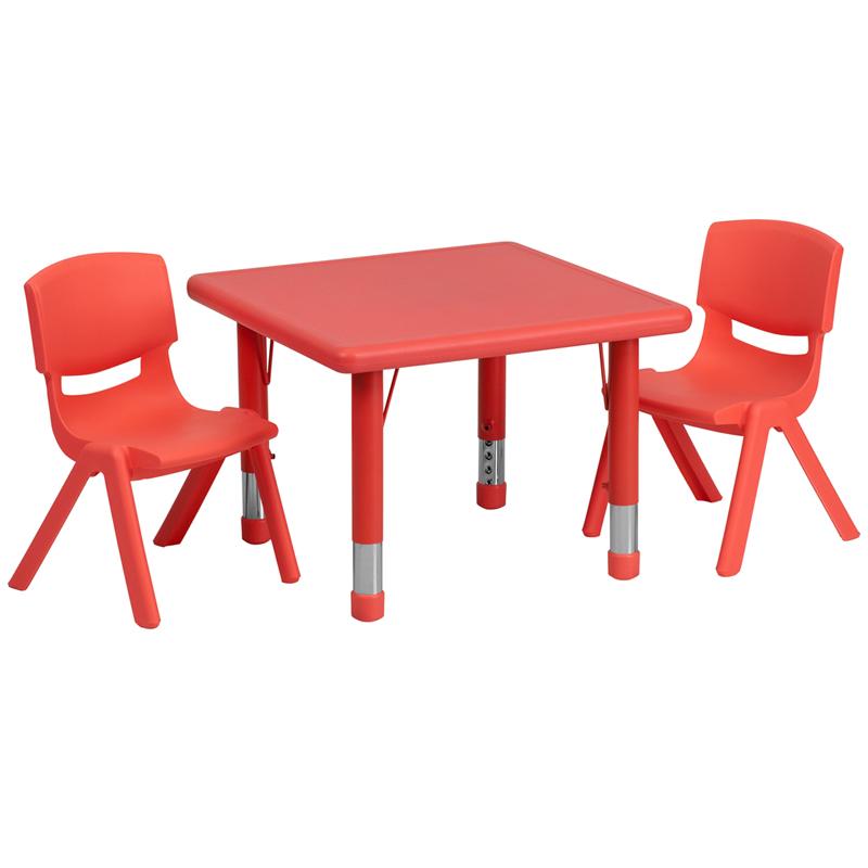 Flash Furniture 24'' Square Red Plastic Height Adjustable Activity Table Set with 2 Chairs - YU-YCX-0023-2-SQR-TBL-RED-R-GG