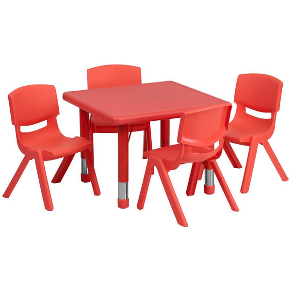 Flash Furniture 24'' Square Red Plastic Height Adjustable Activity Table Set with 4 Chairs - YU-YCX-0023-2-SQR-TBL-RED-E-GG