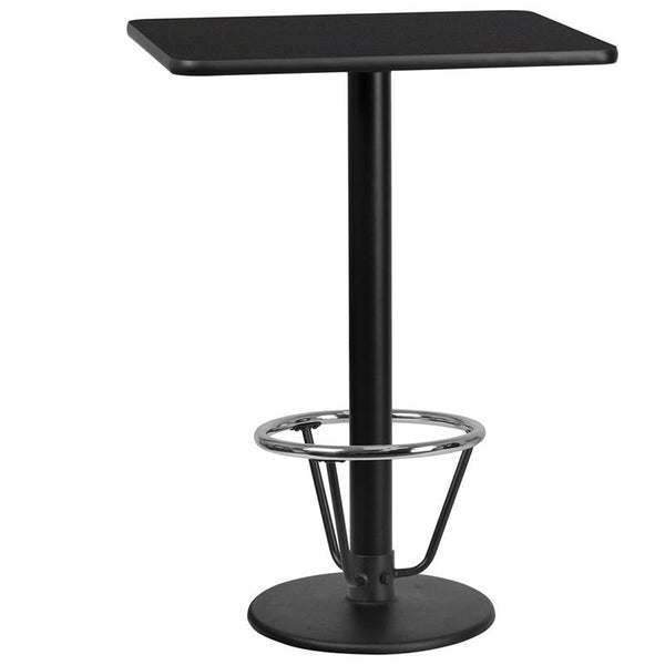 Flash Furniture 24'' x 30'' Rectangular Black Laminate Table Top with 18'' Round Bar Height Table Base and Foot Ring - XU-BLKTB-2430-TR18B-3CFR-GG