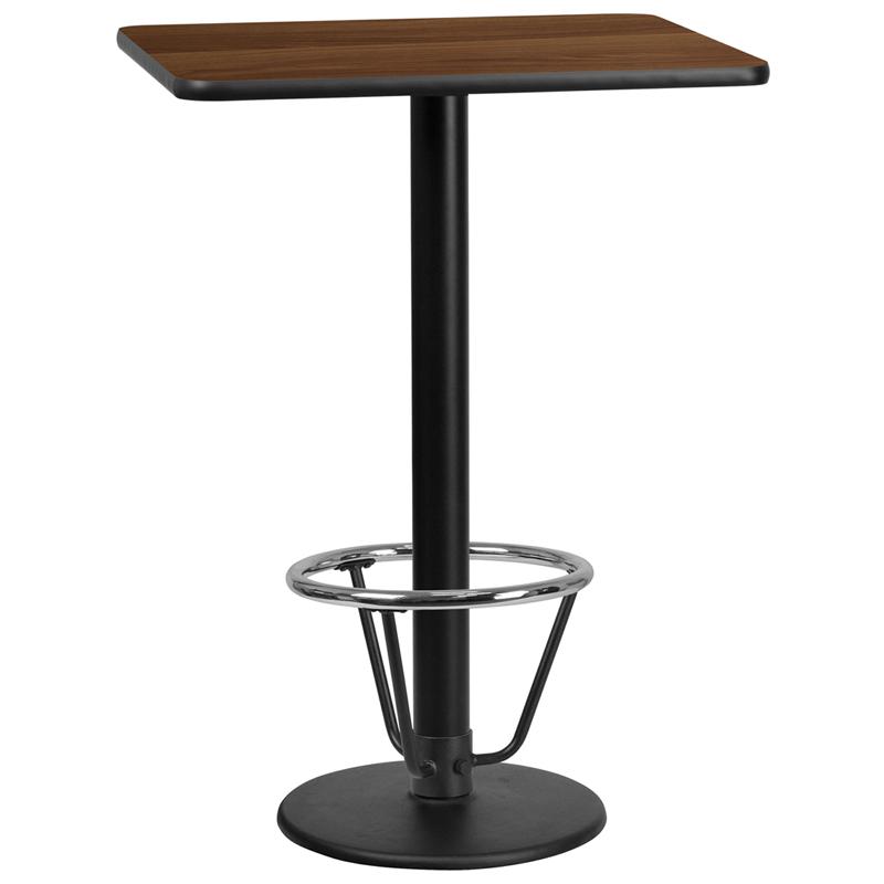 Flash Furniture 24'' x 30'' Rectangular Walnut Laminate Table Top with 18'' Round Bar Height Table Base and Foot Ring - XU-WALTB-2430-TR18B-3CFR-GG