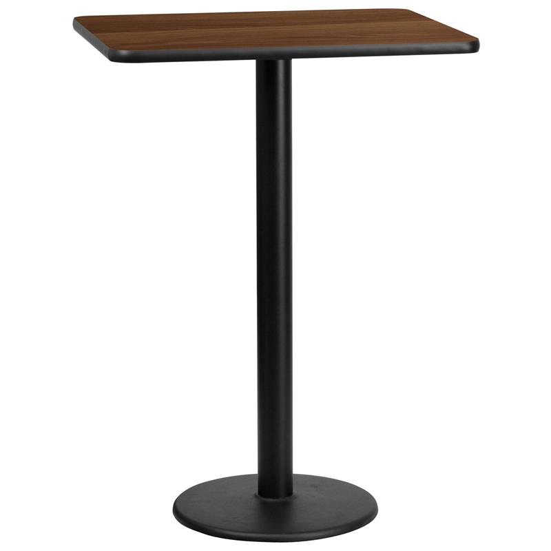 Flash Furniture 24'' x 30'' Rectangular Walnut Laminate Table Top with 18'' Round Bar Height Table Base - XU-WALTB-2430-TR18B-GG