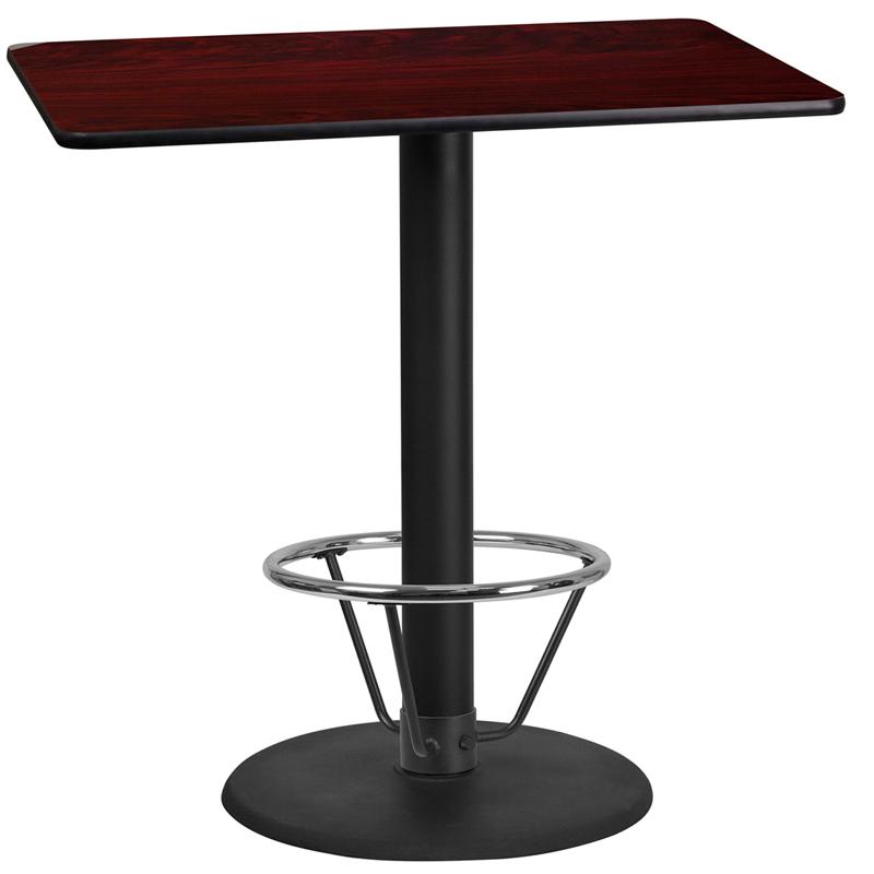 Flash Furniture 24'' x 42'' Rectangular Mahogany Laminate Table Top with 24'' Round Bar Height Table Base and Foot Ring - XU-MAHTB-2442-TR24B-4CFR-GG