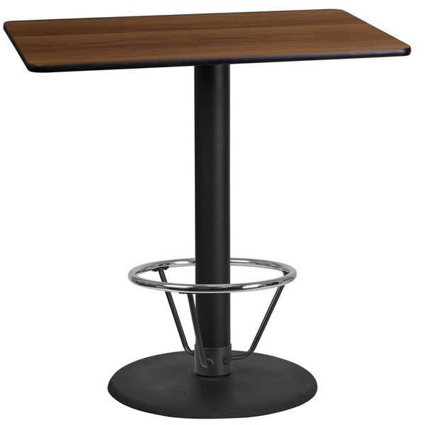 Flash Furniture 24'' x 42'' Rectangular Walnut Laminate Table Top with 24'' Round Bar Height Table Base and Foot Ring - XU-WALTB-2442-TR24B-4CFR-GG