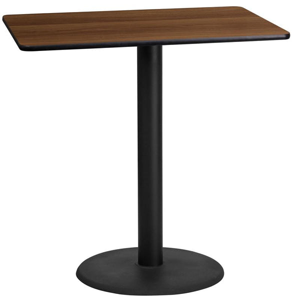 Flash Furniture 24'' x 42'' Rectangular Walnut Laminate Table Top with 24'' Round Bar Height Table Base - XU-WALTB-2442-TR24B-GG