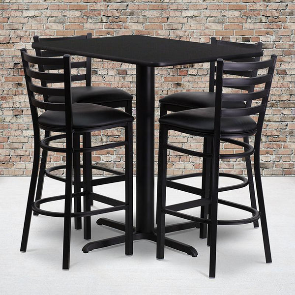 Flash Furniture 24''W x 42''L Rectangular Black Laminate Table Set with 4 Ladder Back Metal Barstools - Black Vinyl Seat - HDBF1017-GG