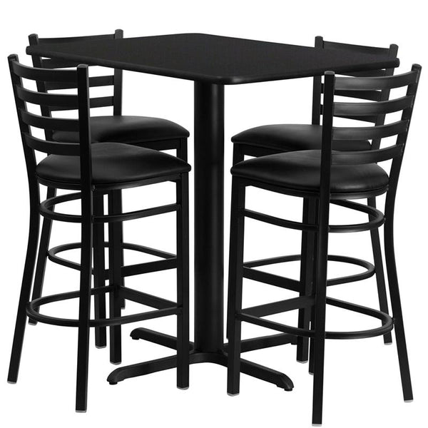 Flash Furniture 24''W x 42''L Rectangular Black Laminate Table Set with 4 Ladder Back Metal Barstools - Black Vinyl Seat - HDBF1017-GG