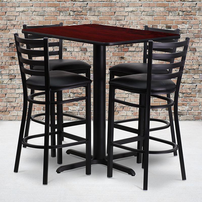 Flash Furniture 24''W x 42''L Rectangular Mahogany Laminate Table Set with 4 Ladder Back Metal Barstools - Black Vinyl Seat - HDBF1018-GG