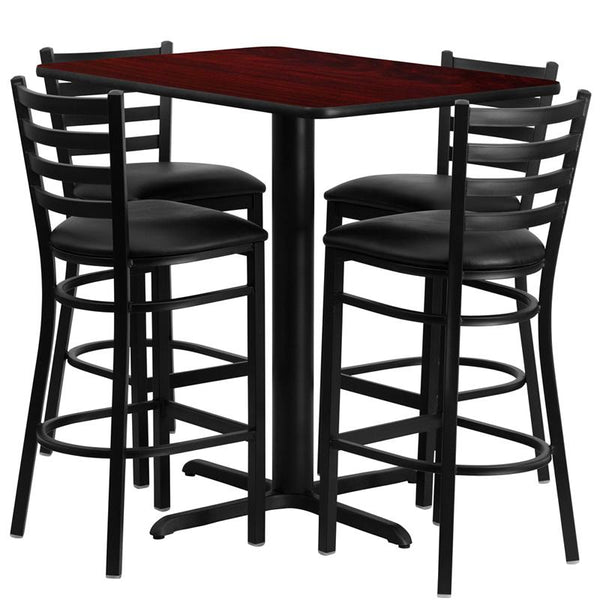 Flash Furniture 24''W x 42''L Rectangular Mahogany Laminate Table Set with 4 Ladder Back Metal Barstools - Black Vinyl Seat - HDBF1018-GG