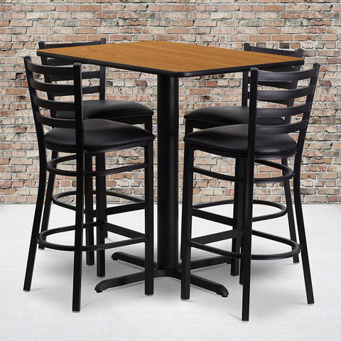 Flash Furniture 24''W x 42''L Rectangular Natural Laminate Table Set with 4 Ladder Back Metal Barstools - Black Vinyl Seat - HDBF1019-GG