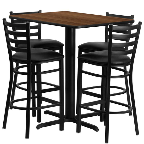 Flash Furniture 24''W x 42''L Rectangular Walnut Laminate Table Set with 4 Ladder Back Metal Barstools - Black Vinyl Seat - HDBF1020-GG