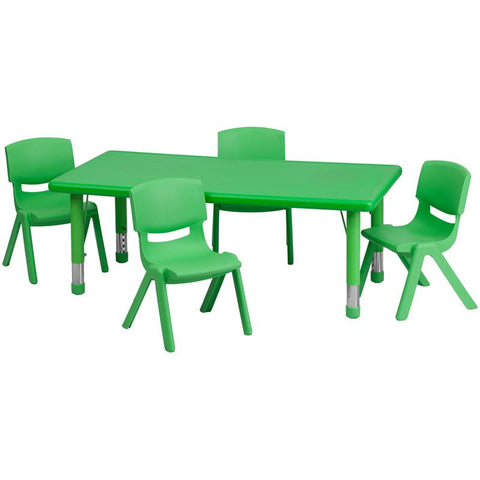 Flash Furniture 24''W x 48''L Rectangular Green Plastic Height Adjustable Activity Table Set with 4 Chairs - YU-YCX-0013-2-RECT-TBL-GREEN-R-GG