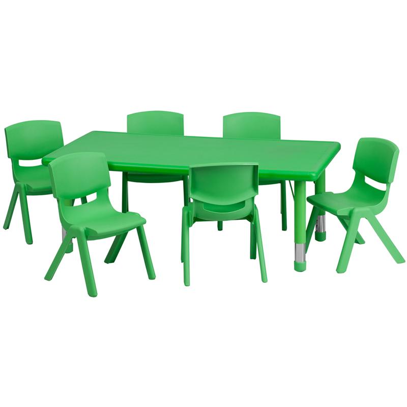 Flash Furniture 24''W x 48''L Rectangular Green Plastic Height Adjustable Activity Table Set with 6 Chairs - YU-YCX-0013-2-RECT-TBL-GREEN-E-GG