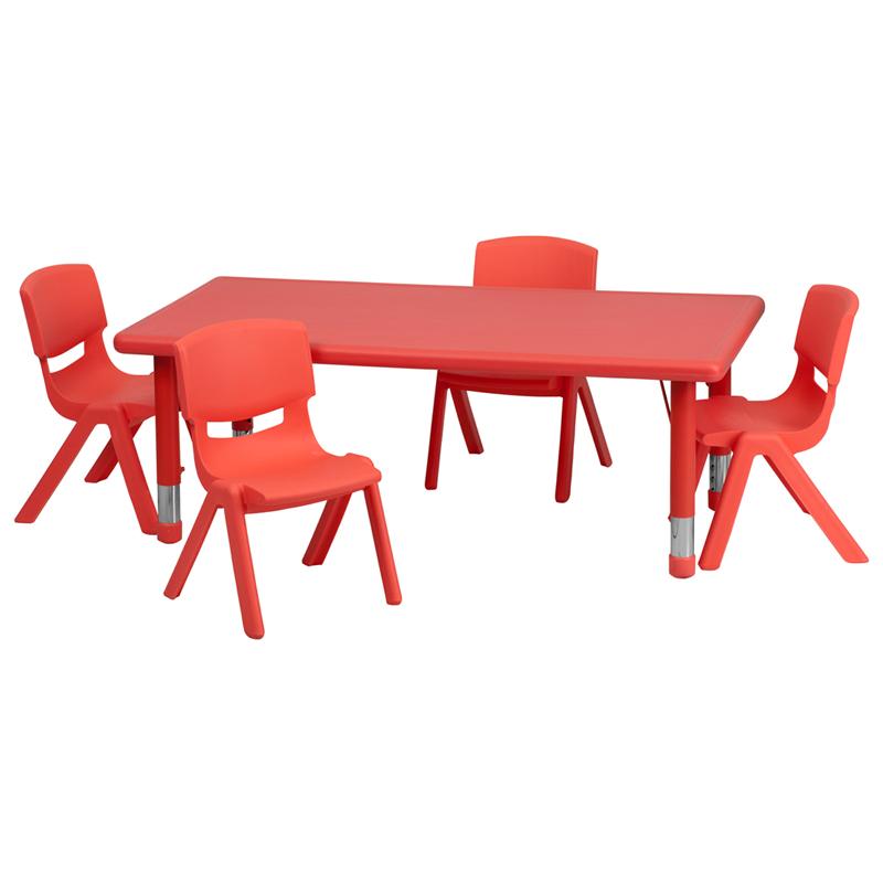 Flash Furniture 24''W x 48''L Rectangular Red Plastic Height Adjustable Activity Table Set with 4 Chairs - YU-YCX-0013-2-RECT-TBL-RED-R-GG