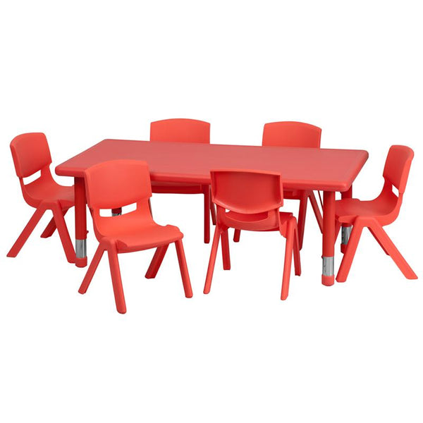 Flash Furniture 24''W x 48''L Rectangular Red Plastic Height Adjustable Activity Table Set with 6 Chairs - YU-YCX-0013-2-RECT-TBL-RED-E-GG