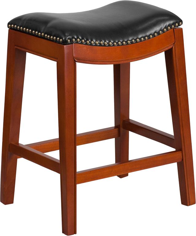 Flash Furniture 26'' High Backless Light Cherry Wood Counter Height Stool with Black Leather Saddle Seat - TA-411026-LC-GG