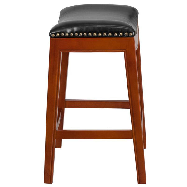 Flash Furniture 26'' High Backless Light Cherry Wood Counter Height Stool with Black Leather Saddle Seat - TA-411026-LC-GG