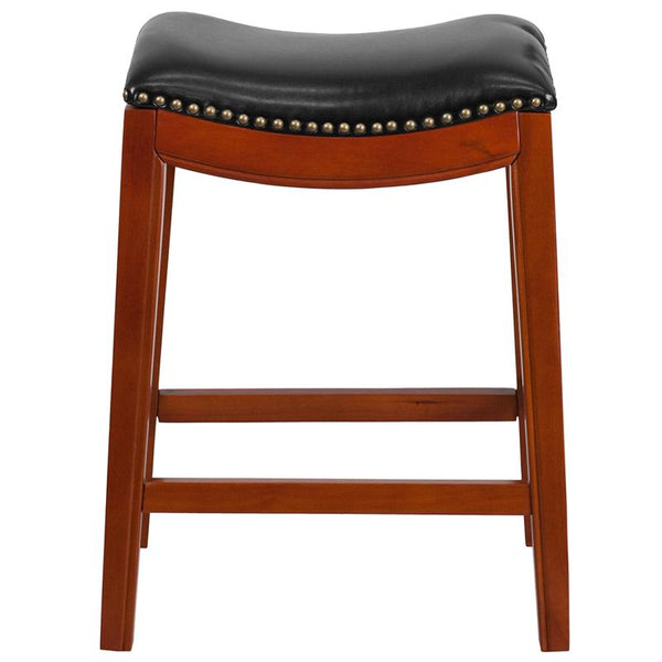 Flash Furniture 26'' High Backless Light Cherry Wood Counter Height Stool with Black Leather Saddle Seat - TA-411026-LC-GG