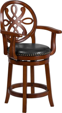 Flash Furniture 26'' High Brandy Wood Counter Height Stool with Arms, Carved Back and Black Leather Swivel Seat - TA-550226-BDY-GG