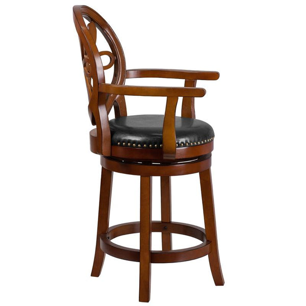 Flash Furniture 26'' High Brandy Wood Counter Height Stool with Arms, Carved Back and Black Leather Swivel Seat - TA-550226-BDY-GG