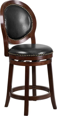 Flash Furniture 26'' High Cappuccino Counter Height Wood Stool with Oval Back and Black Leather Swivel Seat - TA-550126-CA-GG