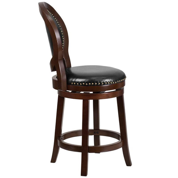 Flash Furniture 26'' High Cappuccino Counter Height Wood Stool with Oval Back and Black Leather Swivel Seat - TA-550126-CA-GG