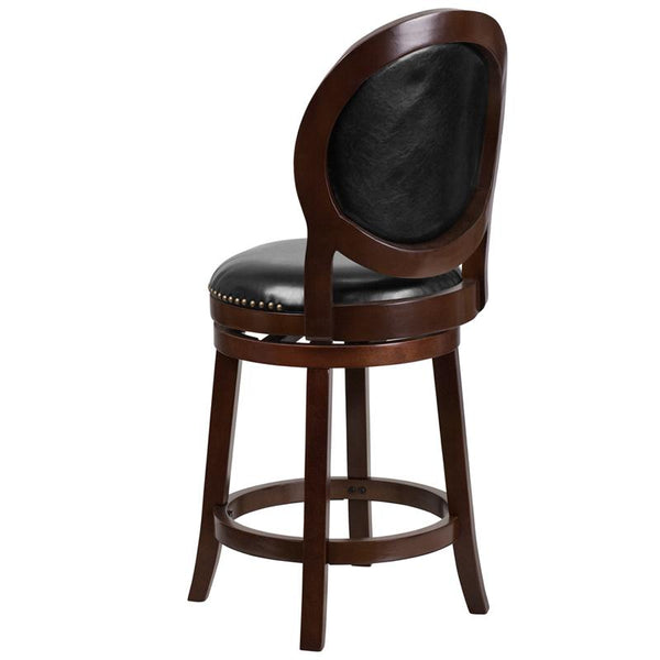 Flash Furniture 26'' High Cappuccino Counter Height Wood Stool with Oval Back and Black Leather Swivel Seat - TA-550126-CA-GG