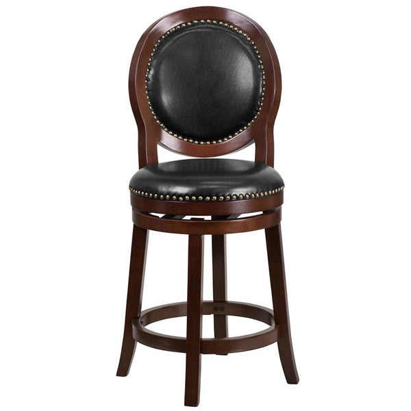 Flash Furniture 26'' High Cappuccino Counter Height Wood Stool with Oval Back and Black Leather Swivel Seat - TA-550126-CA-GG