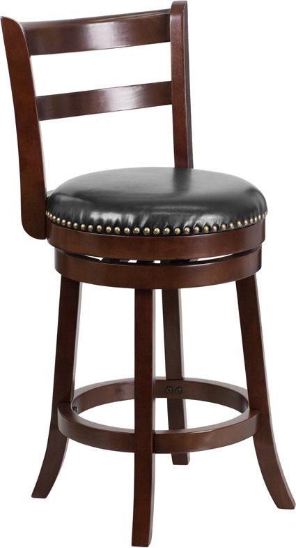 Flash Furniture 26'' High Cappuccino Wood Counter Height Stool with Single Slat Ladder Back and Black Leather Swivel Seat - TA-16026-CA-GG