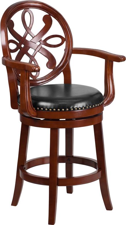 Flash Furniture 26'' High Cherry Wood Counter Height Stool with Arms, Carved Back and Black Leather Swivel Seat - TA-550226-CHY-GG