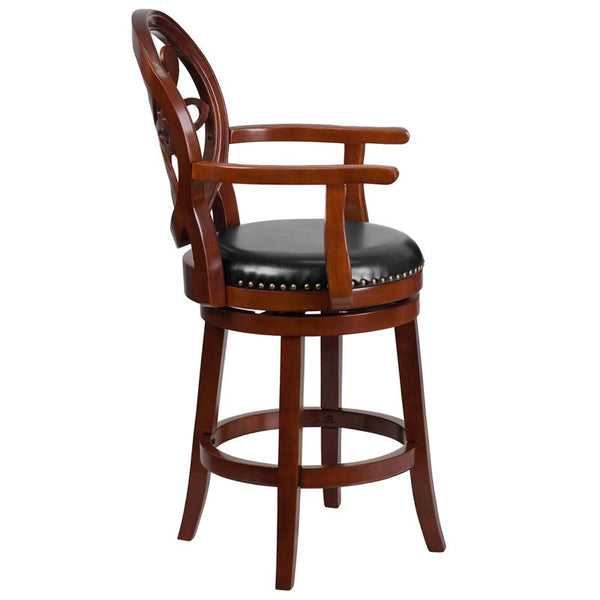 Flash Furniture 26'' High Cherry Wood Counter Height Stool with Arms, Carved Back and Black Leather Swivel Seat - TA-550226-CHY-GG