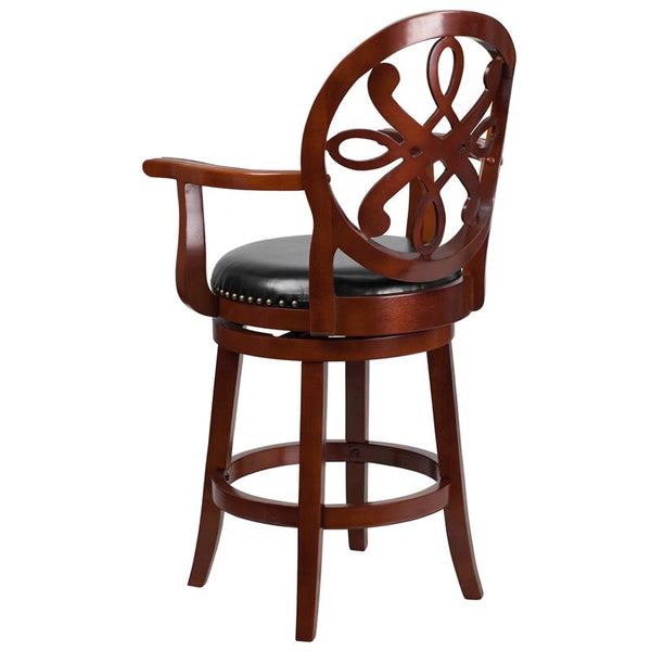 Flash Furniture 26'' High Cherry Wood Counter Height Stool with Arms, Carved Back and Black Leather Swivel Seat - TA-550226-CHY-GG