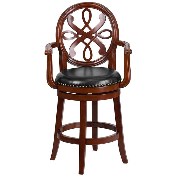 Flash Furniture 26'' High Cherry Wood Counter Height Stool with Arms, Carved Back and Black Leather Swivel Seat - TA-550226-CHY-GG