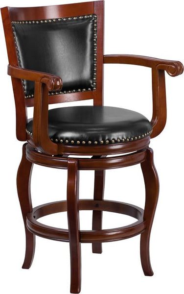 Flash Furniture 26'' High Cherry Wood Counter Height Stool with Arms, Panel Back and Black Leather Swivel Seat - TA-2125-24-CHY-GG