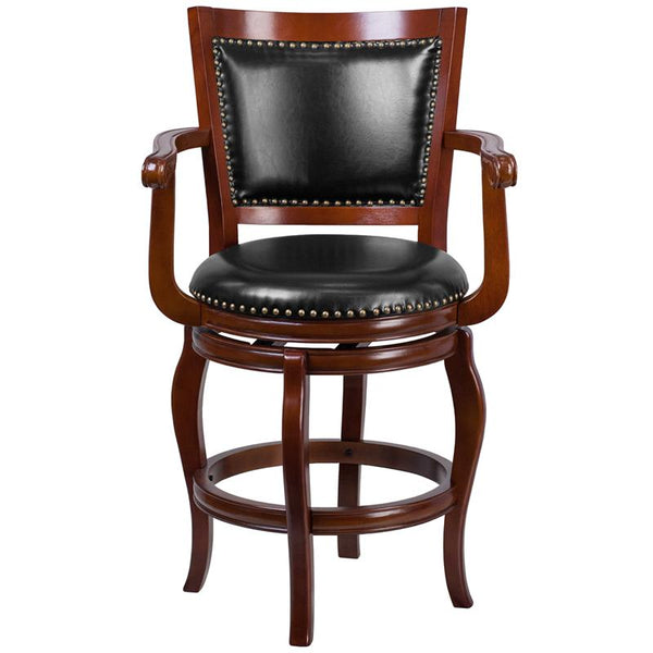 Flash Furniture 26'' High Cherry Wood Counter Height Stool with Arms, Panel Back and Black Leather Swivel Seat - TA-2125-24-CHY-GG