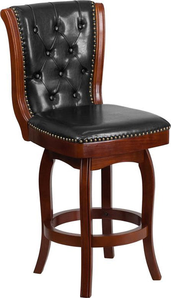 Flash Furniture 26'' High Cherry Wood Counter Height Stool with Button Tufted Back and Black Leather Swivel Seat - TA-240126-CHY-GG