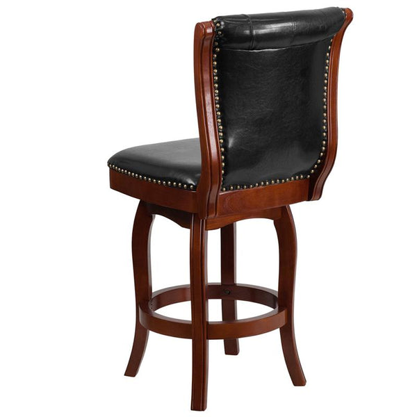 Flash Furniture 26'' High Cherry Wood Counter Height Stool with Button Tufted Back and Black Leather Swivel Seat - TA-240126-CHY-GG