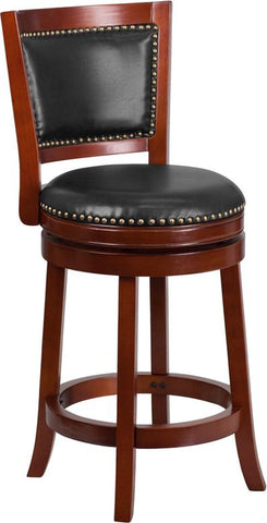 Flash Furniture 26'' High Dark Cherry Wood Counter Height Stool with Open Panel Back and Walnut Leather Swivel Seat - TA-355526-DC-CTR-GG