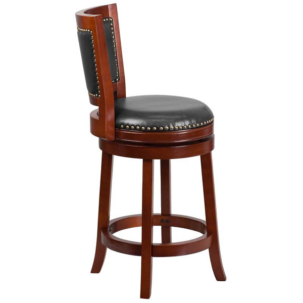 Flash Furniture 26'' High Dark Cherry Wood Counter Height Stool with Open Panel Back and Walnut Leather Swivel Seat - TA-355526-DC-CTR-GG