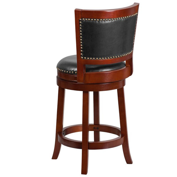 Flash Furniture 26'' High Dark Cherry Wood Counter Height Stool with Open Panel Back and Walnut Leather Swivel Seat - TA-355526-DC-CTR-GG