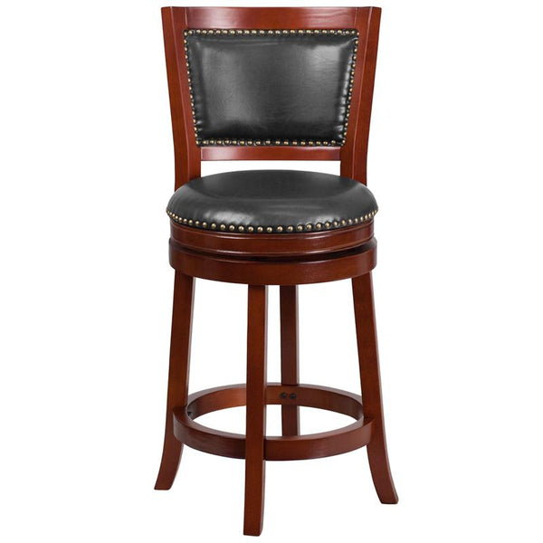 Flash Furniture 26'' High Dark Cherry Wood Counter Height Stool with Open Panel Back and Walnut Leather Swivel Seat - TA-355526-DC-CTR-GG