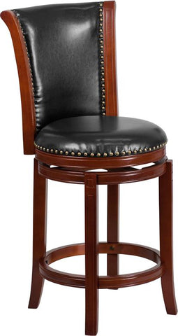 Flash Furniture 26'' High Dark Chestnut Wood Counter Height Stool with Panel Back and Black Leather Swivel Seat - TA-220126-DC-CTR-GG