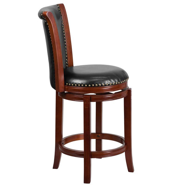 Flash Furniture 26'' High Dark Chestnut Wood Counter Height Stool with Panel Back and Black Leather Swivel Seat - TA-220126-DC-CTR-GG