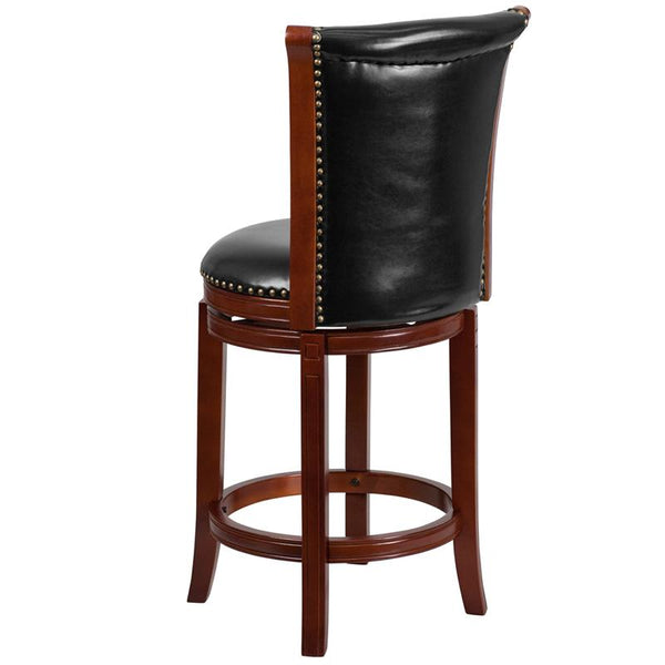 Flash Furniture 26'' High Dark Chestnut Wood Counter Height Stool with Panel Back and Black Leather Swivel Seat - TA-220126-DC-CTR-GG