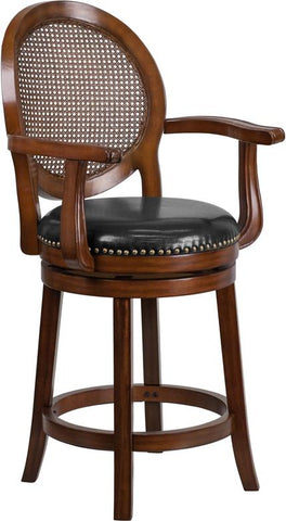 Flash Furniture 26'' High Expresso Wood Counter Height Stool with Arms, Woven Rattan Back and Black Leather Swivel Seat - TA-550426-E-CTR-GG