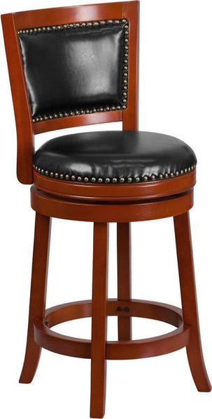 Flash Furniture 26'' High Light Cherry Wood Counter Height Stool with Open Panel Back and Black Leather Swivel Seat - TA-355526-LC-CTR-GG