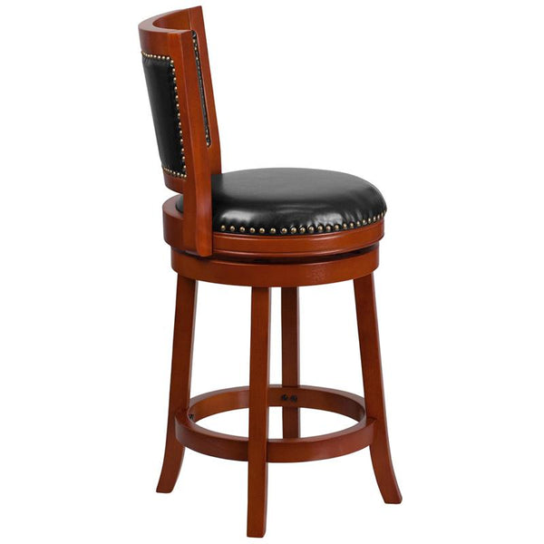 Flash Furniture 26'' High Light Cherry Wood Counter Height Stool with Open Panel Back and Black Leather Swivel Seat - TA-355526-LC-CTR-GG