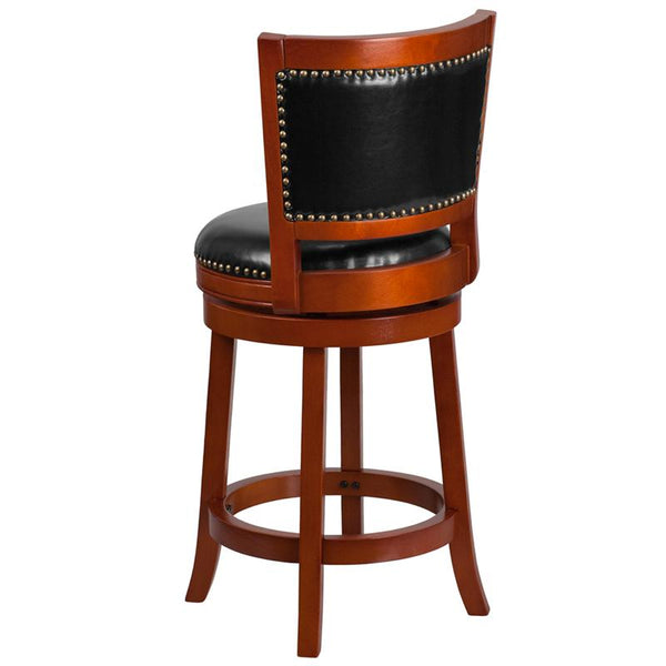 Flash Furniture 26'' High Light Cherry Wood Counter Height Stool with Open Panel Back and Black Leather Swivel Seat - TA-355526-LC-CTR-GG