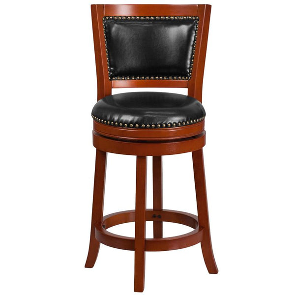 Flash Furniture 26'' High Light Cherry Wood Counter Height Stool with Open Panel Back and Black Leather Swivel Seat - TA-355526-LC-CTR-GG