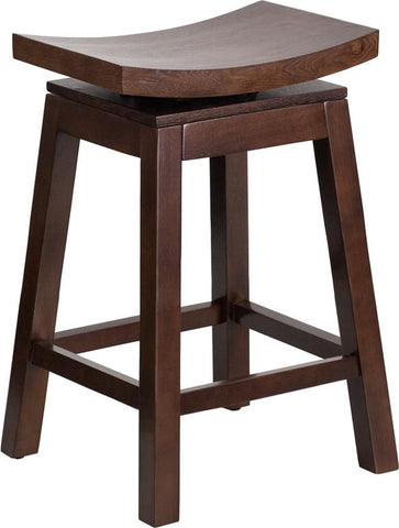 Flash Furniture 26'' High Saddle Seat Cappuccino Wood Counter Height Stool with Auto Swivel Seat Return - TA-SADDLE-2-GG
