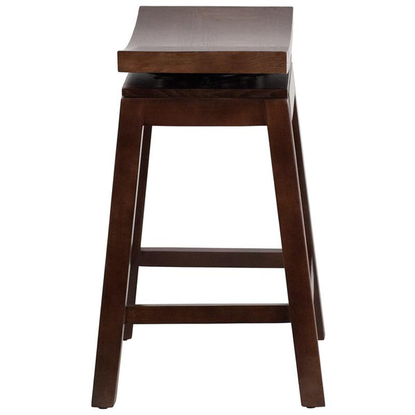 Flash Furniture 26'' High Saddle Seat Cappuccino Wood Counter Height Stool with Auto Swivel Seat Return - TA-SADDLE-2-GG